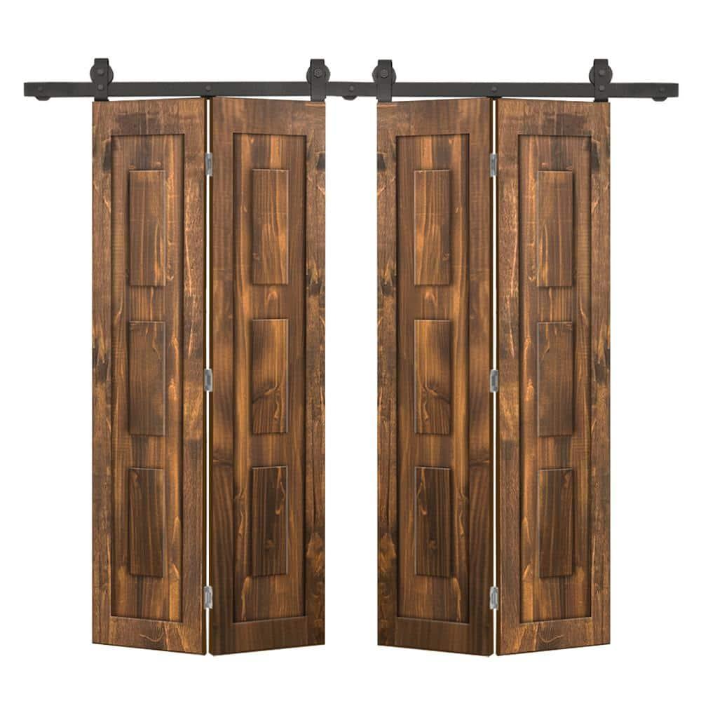 Calhome 3 Panel Shaker Pine Wood Double Bi-Fold Door with Sliding Barn Door Hardware Kit