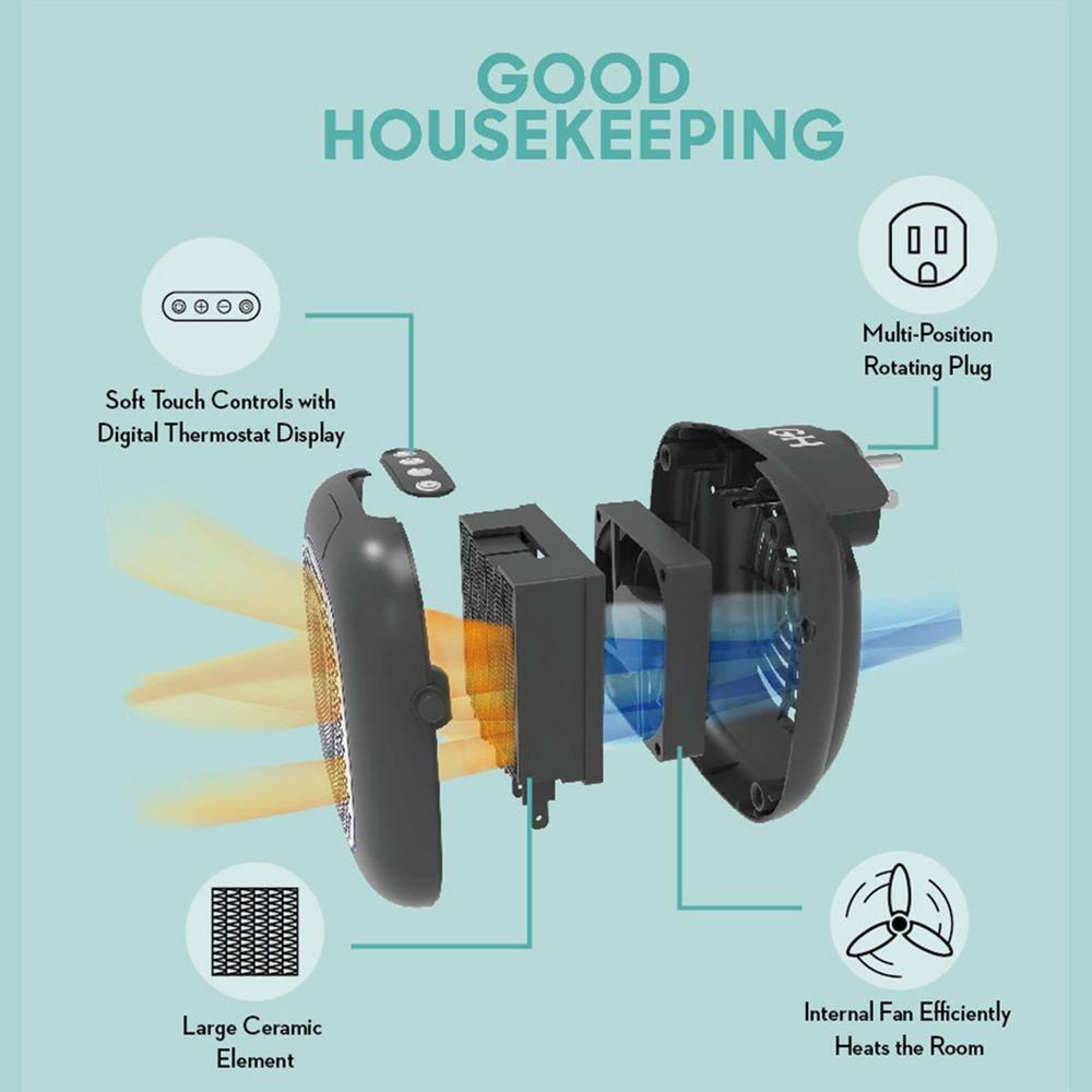 Good Housekeeping Wall-Mount Indoor Space Heater, Portable Electric Mini Heater w/ Adjustable Thermostat & Remote Control, 750W, Black