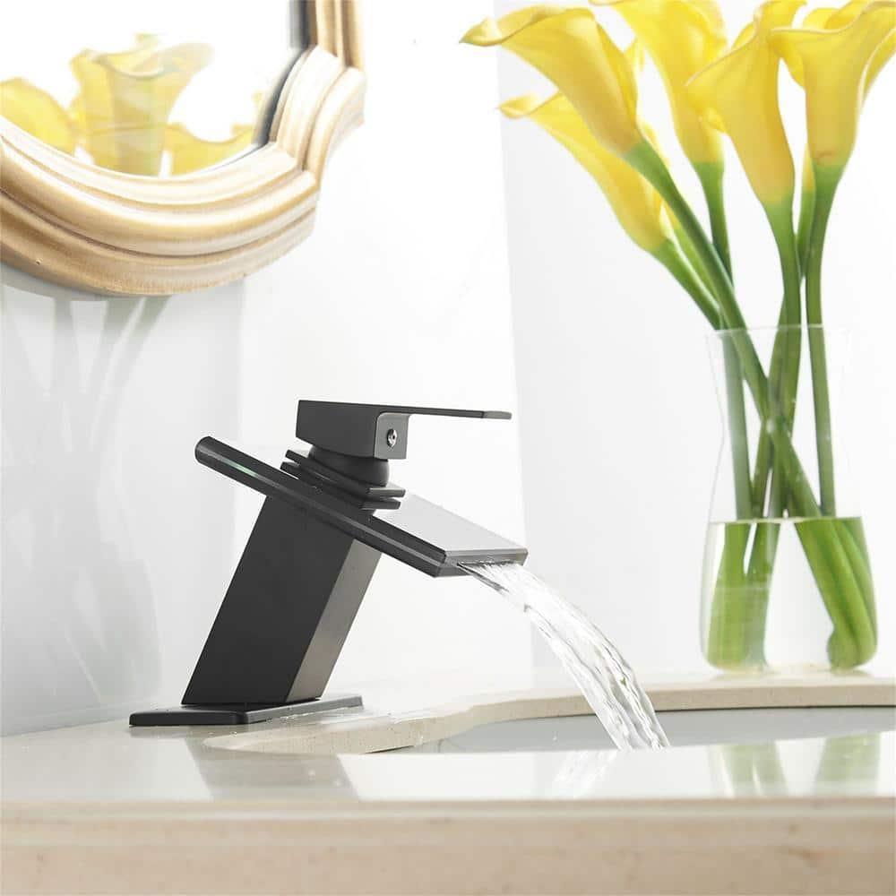 Matte Black Bathroom Faucet with Glass Waterfall Design, Single Handle for Sink, Modern Vanity Faucets with Supply Lines, Lavatory Basin Bath Mixer Tap, Deck Mounted