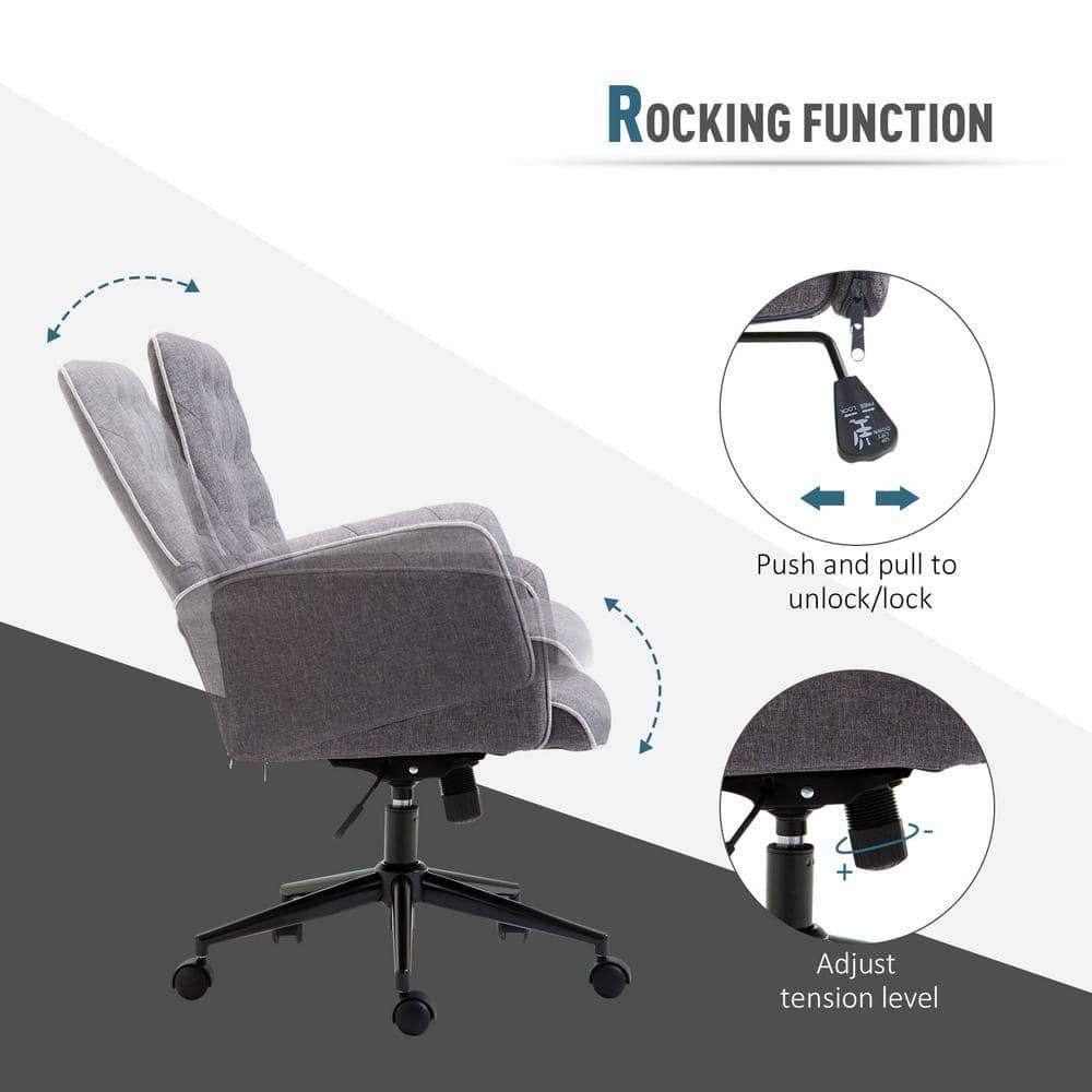 Vinsetto Modern Mid-Back Tufted Linen Home Office Desk Chair with Arms, Swivel Adjustable Task Chair, Upholstery Accent Chair with Soft Seat, Gray
