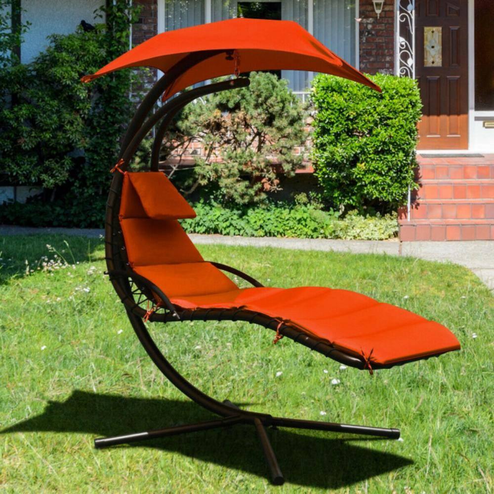 Resenkos Outdoor Chaise Lounge Chair, Hanging Stand Chaise Lounger Swing Chair with Pillow-Orange, Portable Recliner for Lawn Garden Beach Yard