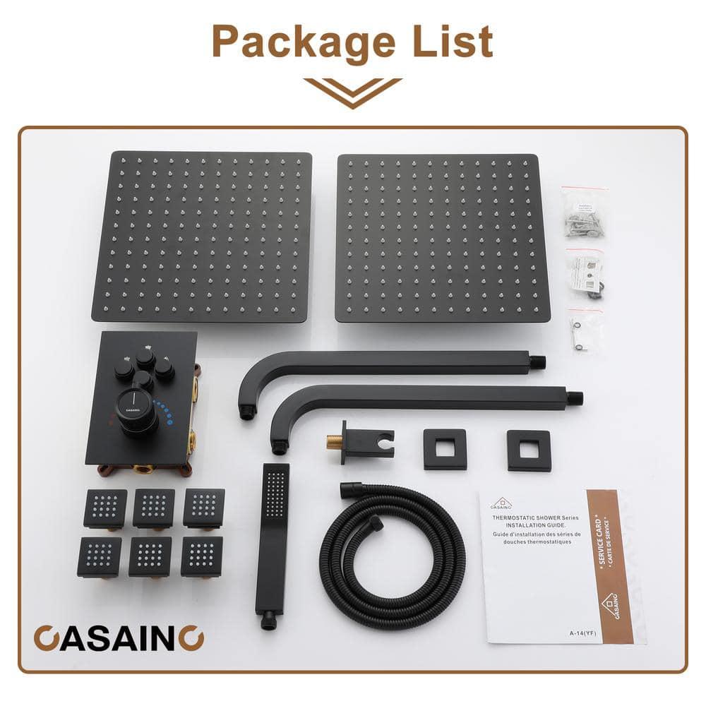 CASAINC CS6228-12MB Dual Shower Head Thermostatic Rainfall Shower System with Rough in-Valve and Shower Body Spray