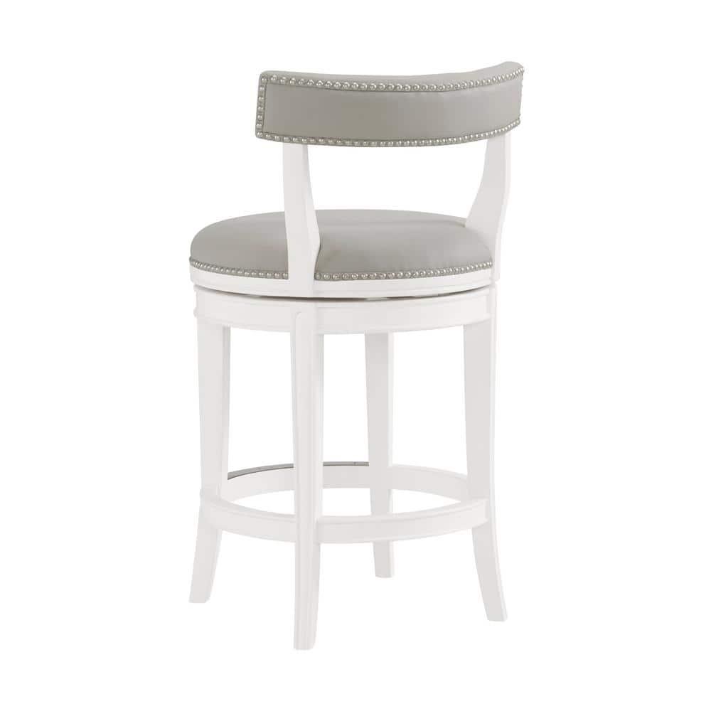 Hanover Swivel Counter Height Bar Stool, 26-Inch Seat Height, White and Gray, Solid Rubberwood Frame with Faux Leather Upholstery, Nailhead Trim, Memory Return Swivel Mechanism