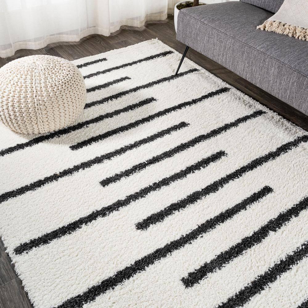 3'x5' Alaro Berber Stripe Shag Area Rug, White/Black - JONATHAN Y