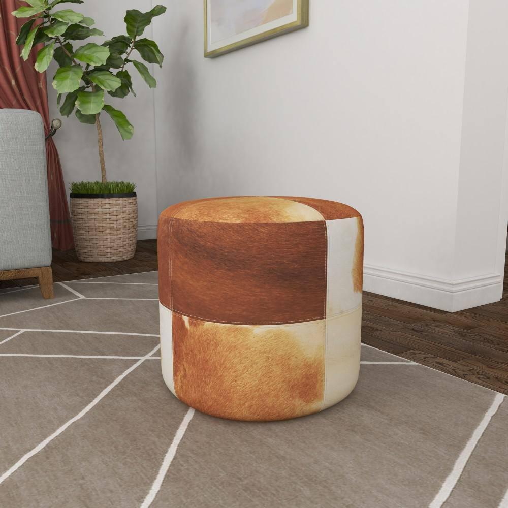 Olivia & May Wood and Leather Rustic Round Ottoman Brown: Contemporary Accent Stool, No Assembly Required