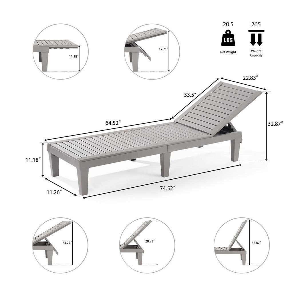 Nestl Waterproof Chaise Lounge Chair - Set of 4 Adjustable Lightweight Gray Outdoor Patio Chairs