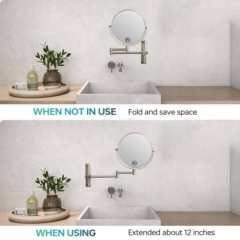 8 Inch Height Adjustable Wall Mounted Makeup Mirror 1X/10X Magnifying Double-Sided with 360° Swivel Arm Brushed Nickel for Bathroom and Home Use,LM-LS8DCN-SS