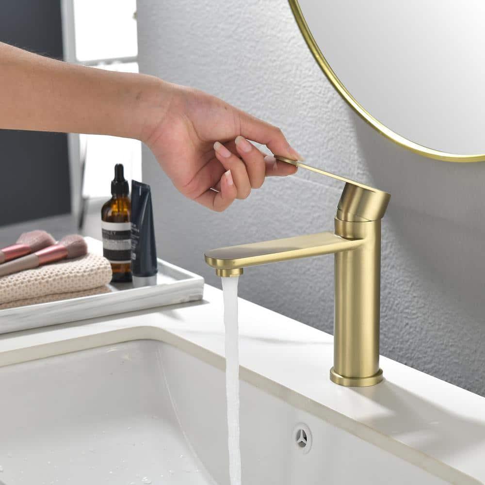 Brushed Gold Bathroom Faucet Gold Bathroom Sink Faucet Single Handle Gold Bathroom Faucet Modern Single Hole Faucet Bathroom with Pop-up Sink Drain Stopper & Deck Plate 1 or 3 Hole Bathroom Faucet