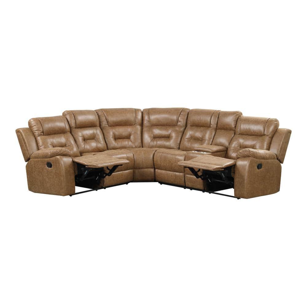 Furniture of America Ranshell Faux Leather Storage Sectional with USBs in Brown