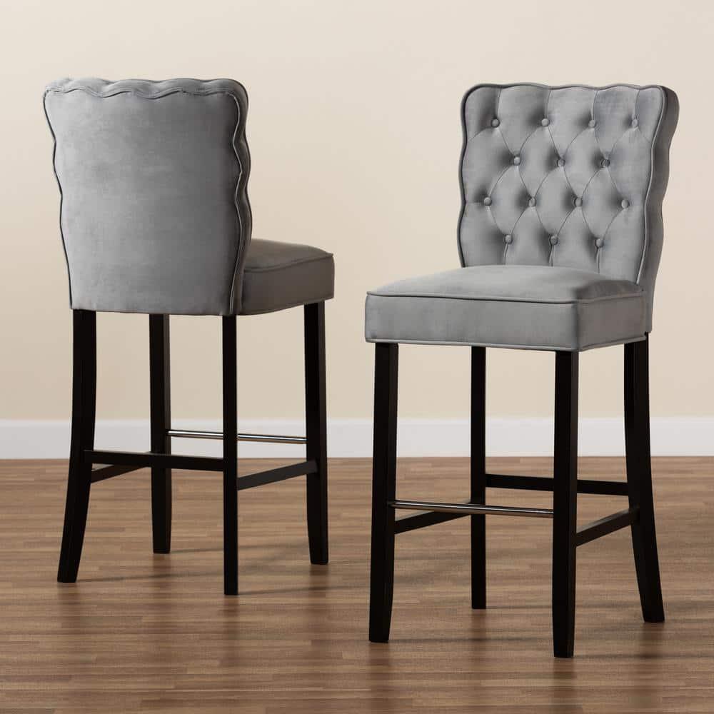 2pc Daphne Velvet Fabric Upholstered and Wood Counter Height Barstool Set Gray/Brown - Baxton Studio: Elegant Tufted Design, Silver-Tone Footrest