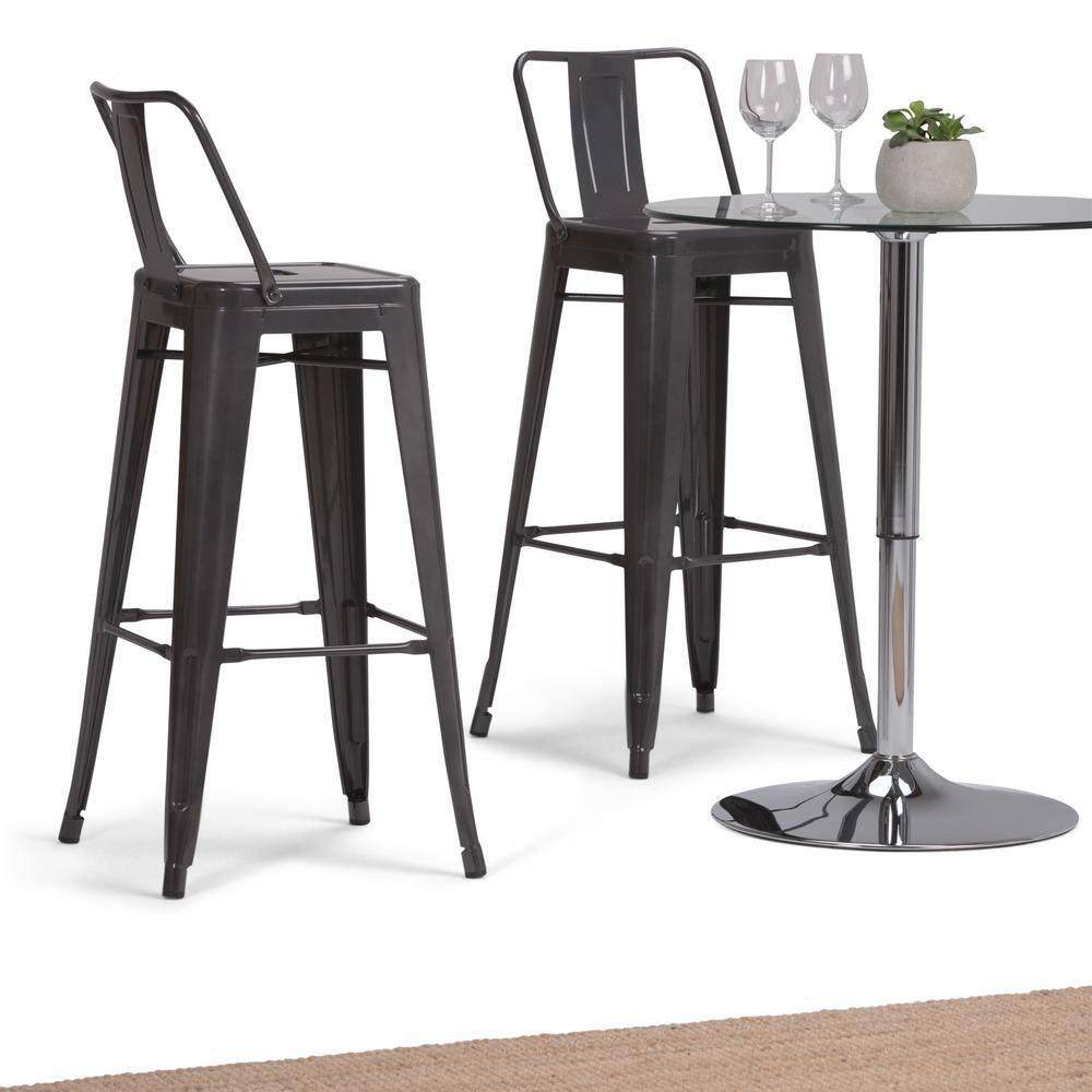 Simpli Home Rayne Metal Industrial Stool with Curved Back, Cross-Brace, and Footrest