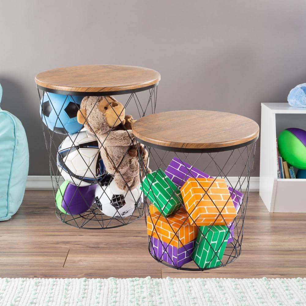 Lavish Home End Table with Storage – Set of 2 Round Nesting Tables with Diamond Pattern Wire Basket Wood Tops, Industrial Farmhouse Side Table