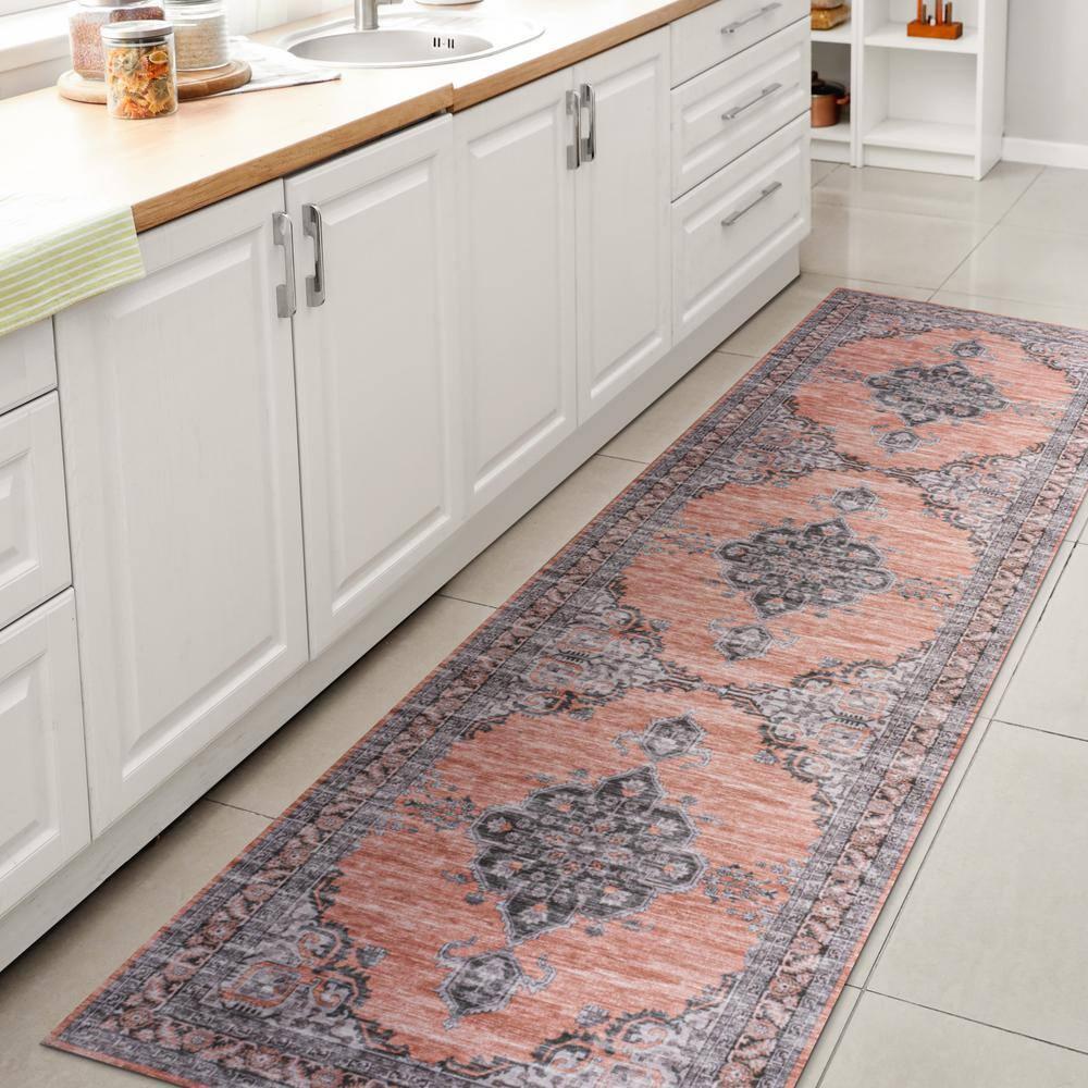 JONATHAN Y Wincer Chenille Cottage Medallion Machine-Washable Orange/Gray 2 ft. x 8 ft. Runner Rug