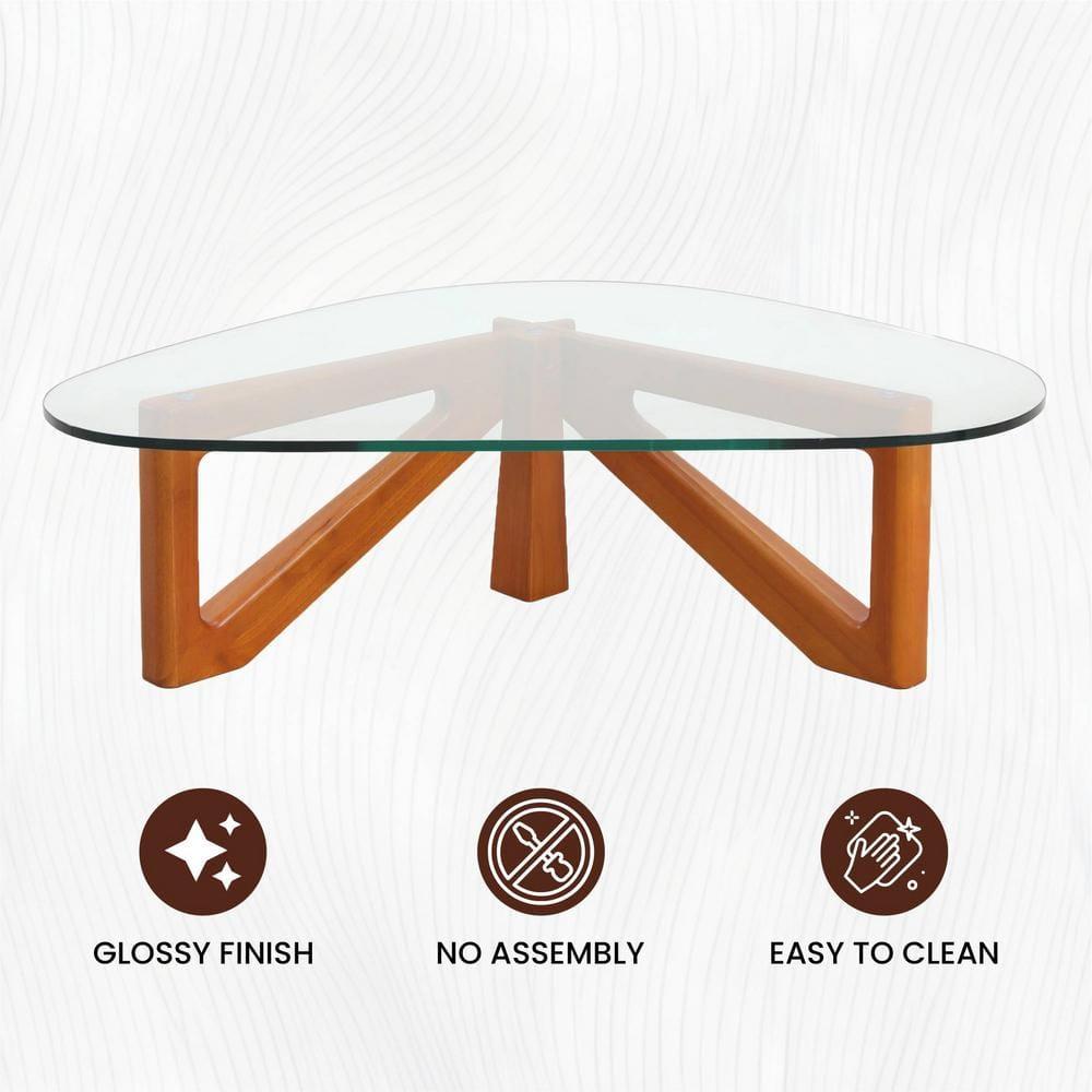 LeisureMod Imperial Collection Triangular Glass Top Coffee Table with Glossy Ash Wood Base for Home, Living Room, Office