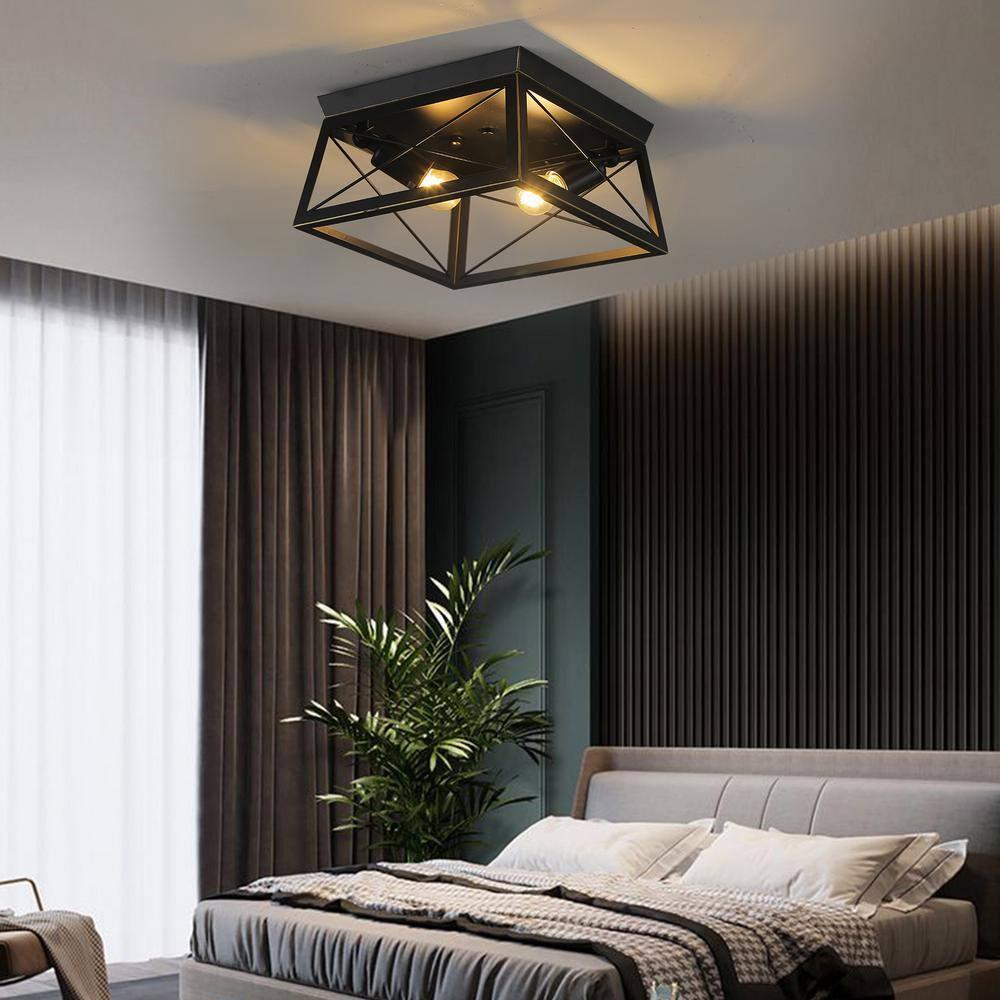 Progress Lighting, Briarwood, 2-Light Flush Mount, Textured Black, Faux-Painted Wood Enclosure