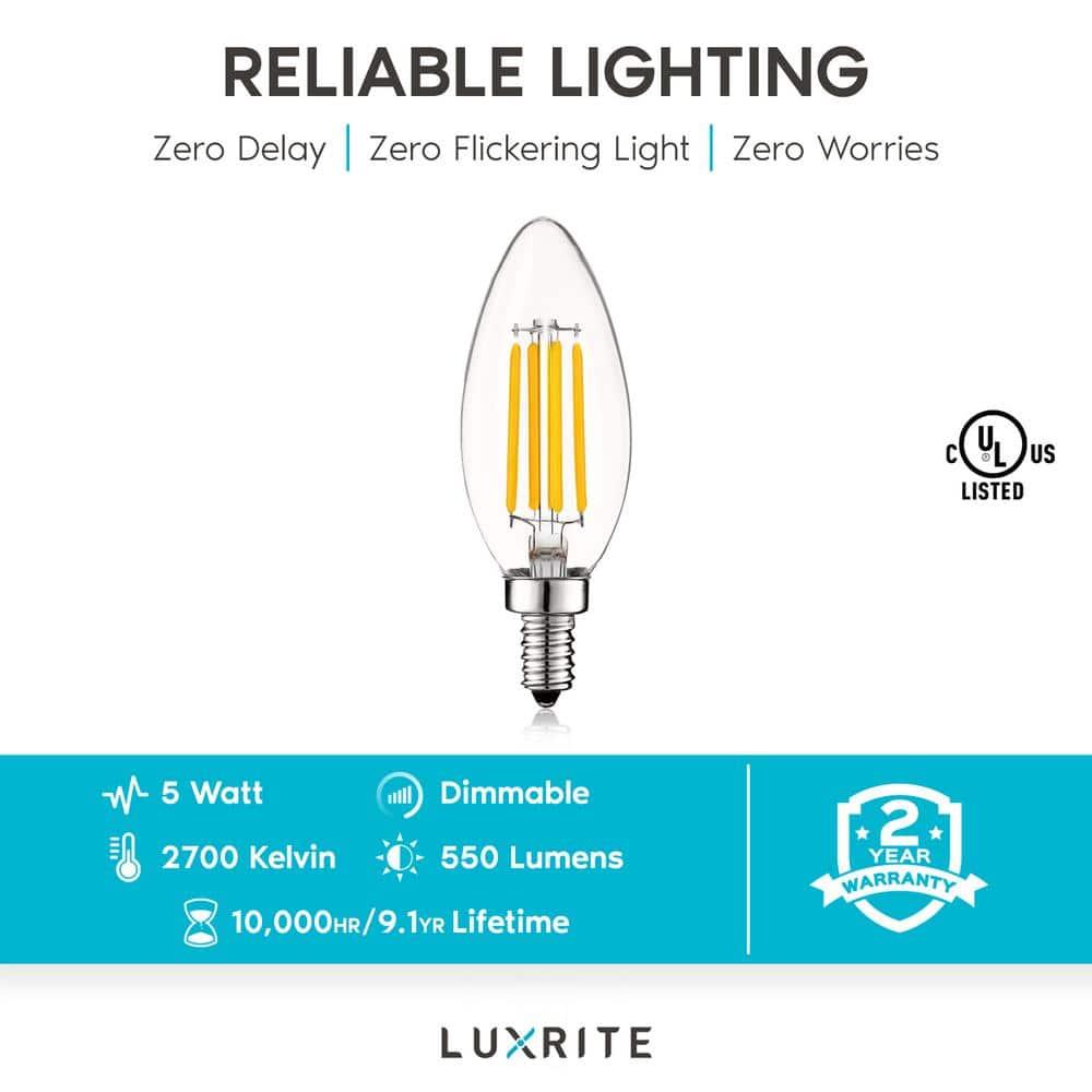 Luxrite 5W E12 Vintage Candelabra LED Dimmable Light Bulbs, 60W Equivalent 2700K Warm White, 550 Lumens, Blunt Tip, 24-Pack