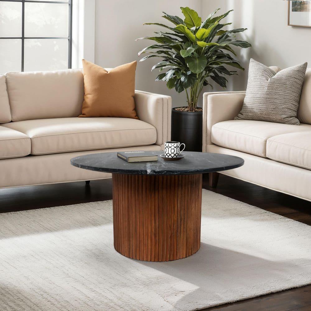 Sagebrook Home 18" Mango Wood and Marble Round Reeded Coffee Table Brown/Black: Elegant Pedestal Base, No Assembly Required