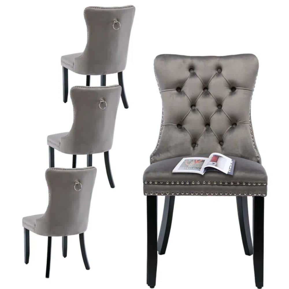 Modern Velvet Upholstered Dining Chairs with Back Button Nailhead Trim Accent Side Chairs with Wood Legs for Kitchen Dining Room(Gray,Set of 4)