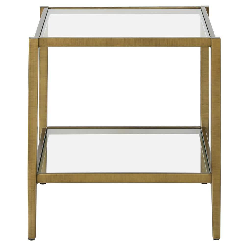Evelyn&Zoe Hera 20" Wide Square Side Table with Glass Shelf, Antique Brass