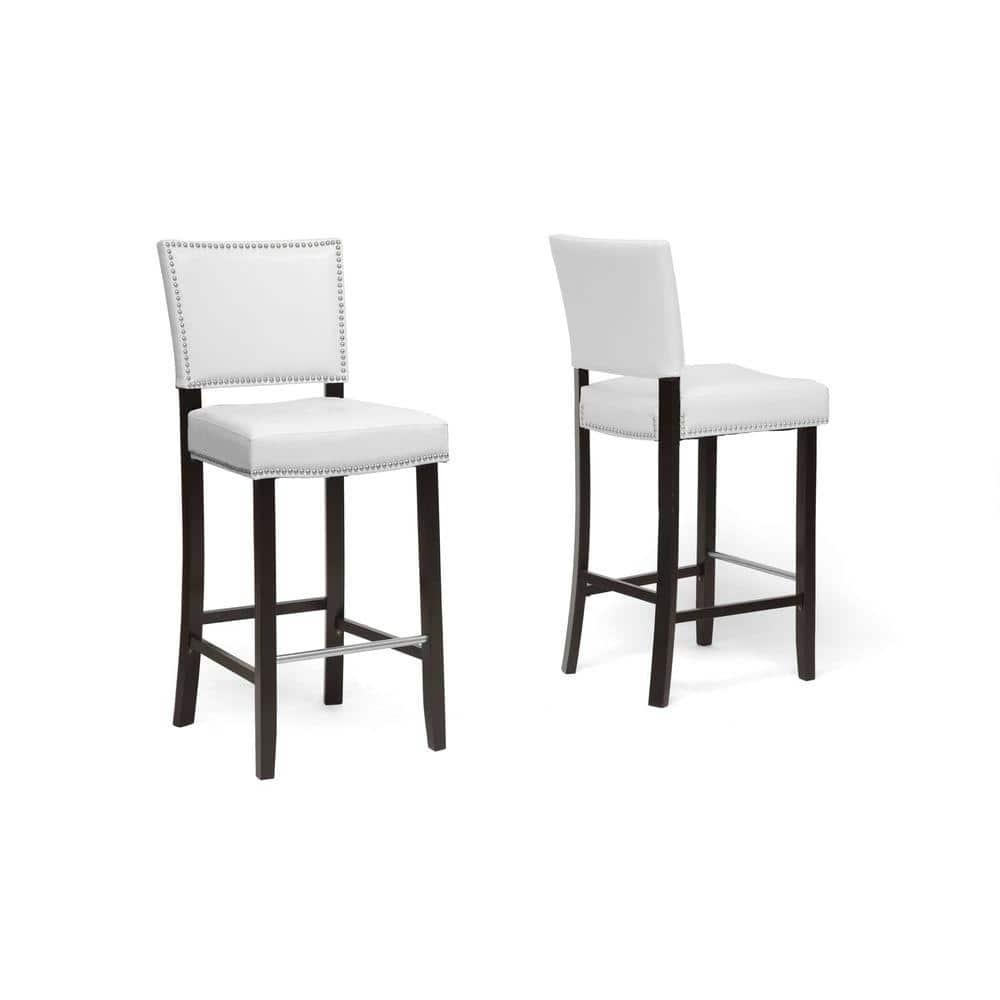 Aries Modern Barstool with Nailhead Trim White - Baxton Studio: Upholstered, Rubber Wood Frame, Stainless Steel Footrest