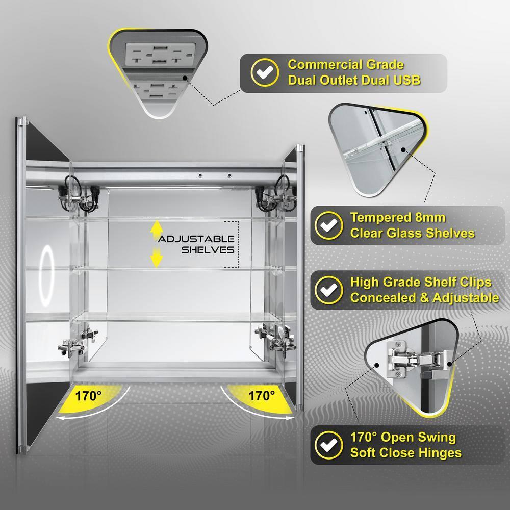 DECADOM LED Mirror Medicine Cabinet Recessed or Surface, Dimmer, Clock, Room Temp Display, Dual Outlets (Duna 36x32)
