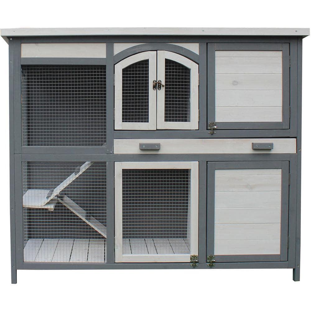 Hanover Outdoor Wooden 2-Story Rabbit Hutch with 2 Ramps, Wire Mesh Run and Removable Tray 4 Ft. W x 1.6 Ft. D x 3.4 Ft. H
