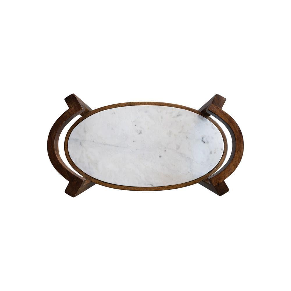 Walnut Finish and White Mango Wood and Marble 2-Tier Bar Cart
