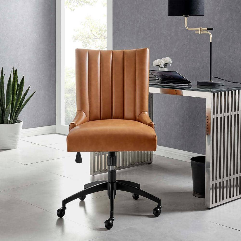 Modway Empower Channel Tufted Vegan Leather Office Chair Tan: Retro Modern Style, Adjustable, Swivel Desk Chair with Casters/Wheels