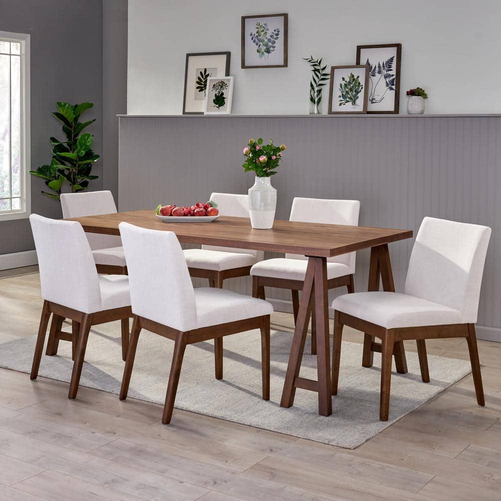 Noble House Caruso Mid-Century Modern 7 Piece Dining Set, Light Beige and Walnut