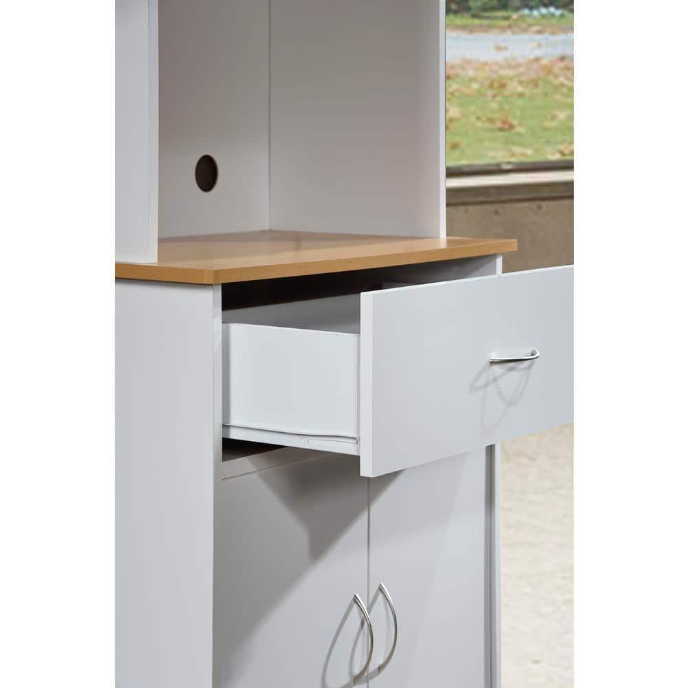 HODEDAH IMPORT Long Standing Kitchen Cabinet with Top & Bottom Enclosed Cabinet Space, One Drawer, Large Open Space for Microwave, White