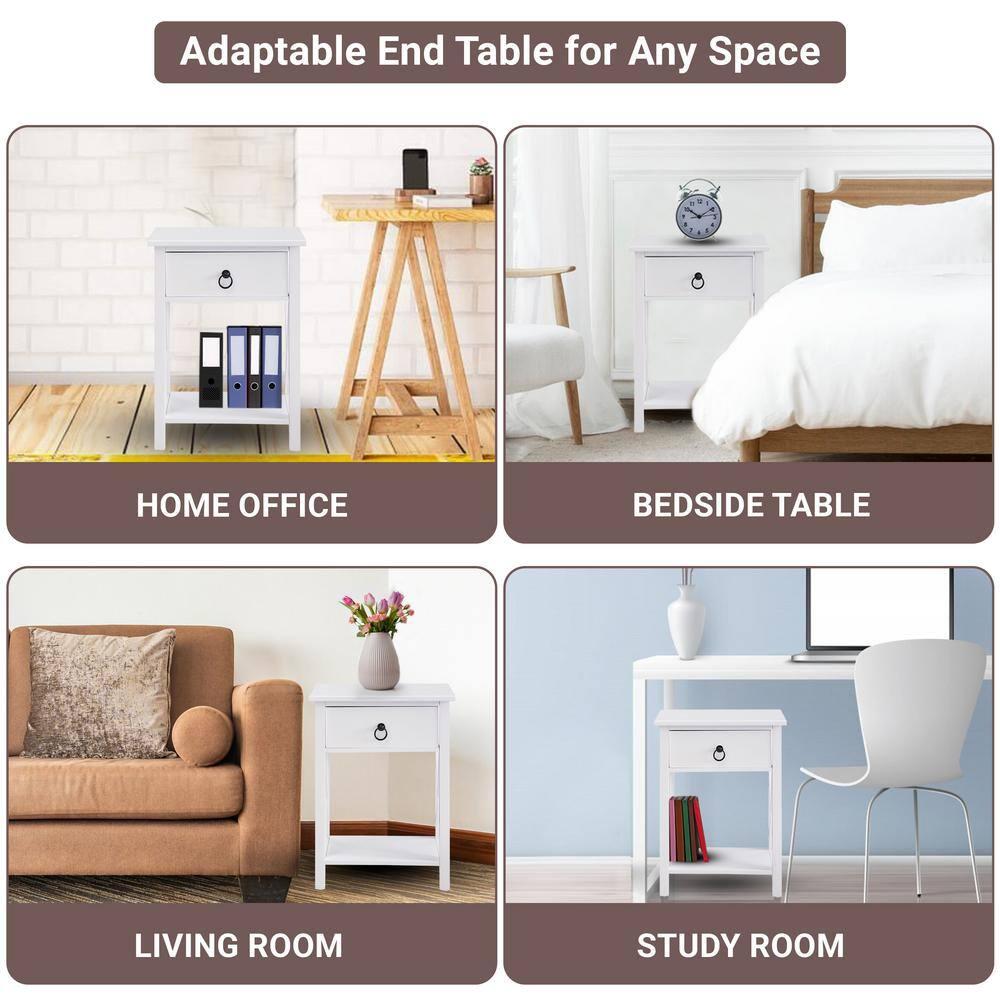 12 in. White Rectangle Wood End Table with Drawer and Shelf Solid Narrow Side Table For Bedrooms Ideal For Small Spaces