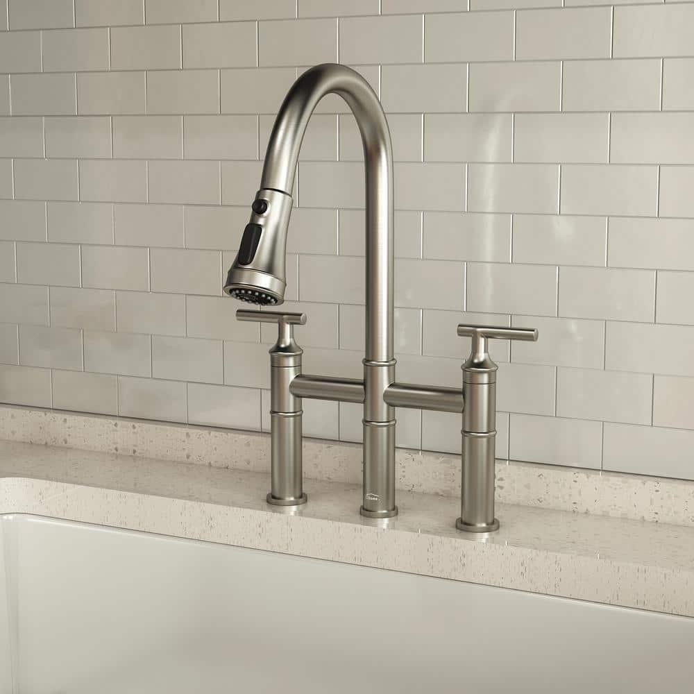Double Handle Bridge Pull-Down Kitchen Faucet with 3-Spray Patterns and 360 Degrees Rotation Spout in Brushed Nickel