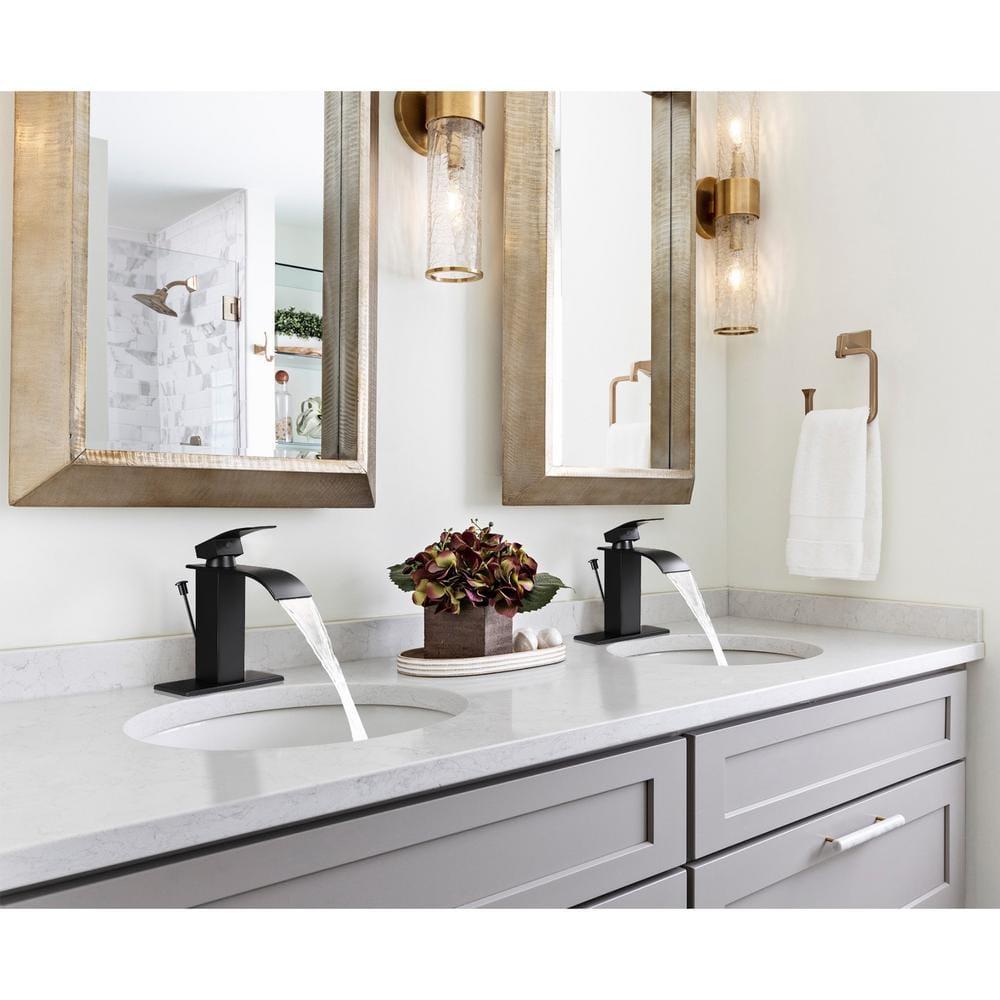 KZH Vessel Sink Faucet, Matte Black Tall Waterfall Spout Bathroom Faucet,Single Handle Bathroom Sink Faucet for 1 Hole Mixer Tap Washbasin Vanity Faucet with Pop-up Drain and Supply Hoses