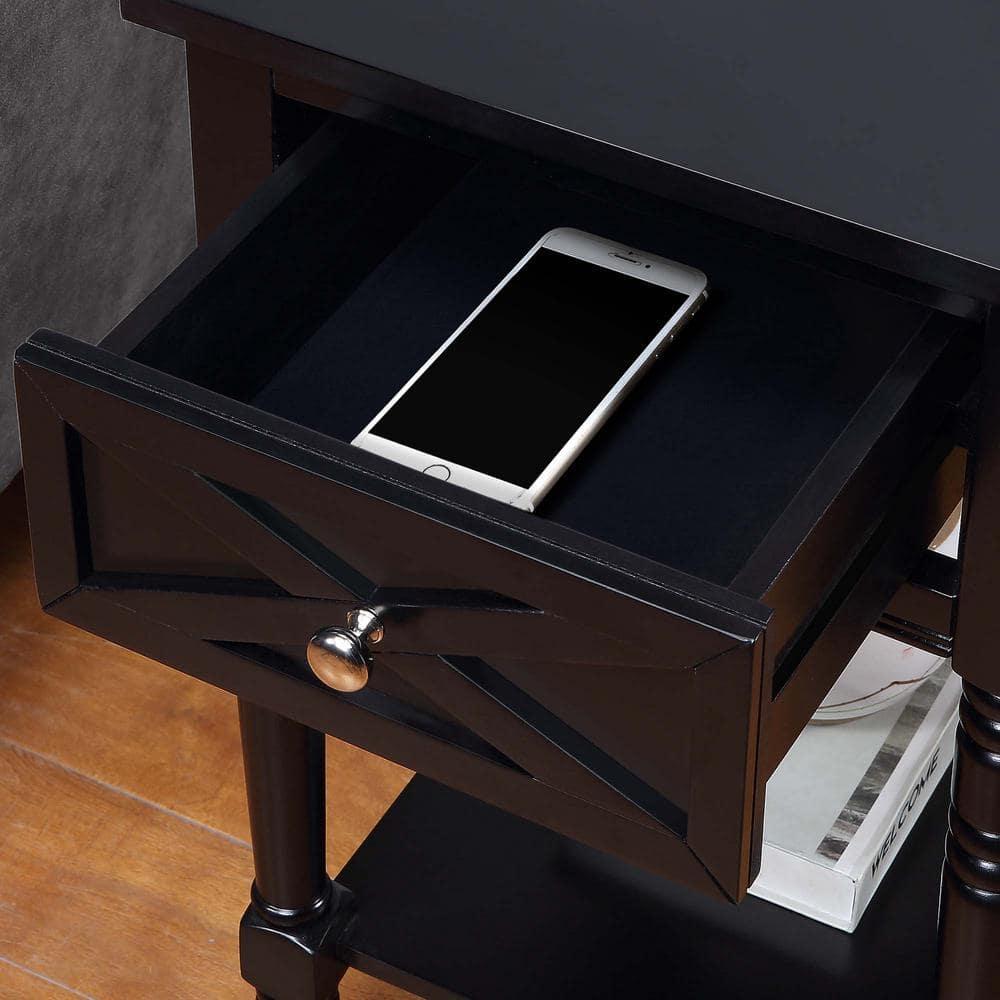 Convenience Concepts Country Oxford 1 Drawer End Table with Charging Station and Shelf, Black