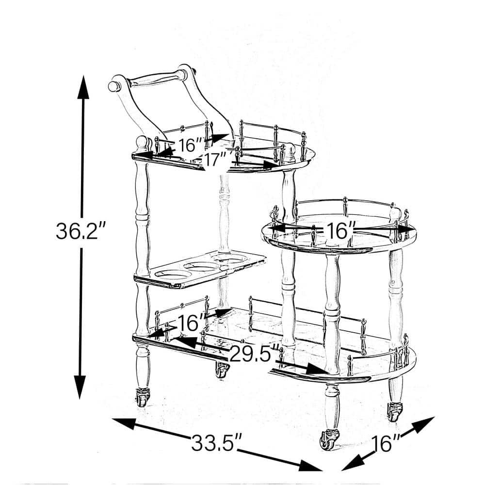 Fabulaxe Wood Serving Bar Cart Tea Trolley with 3 Tier Shelves and Rolling Wheels, Silver, White and Gray