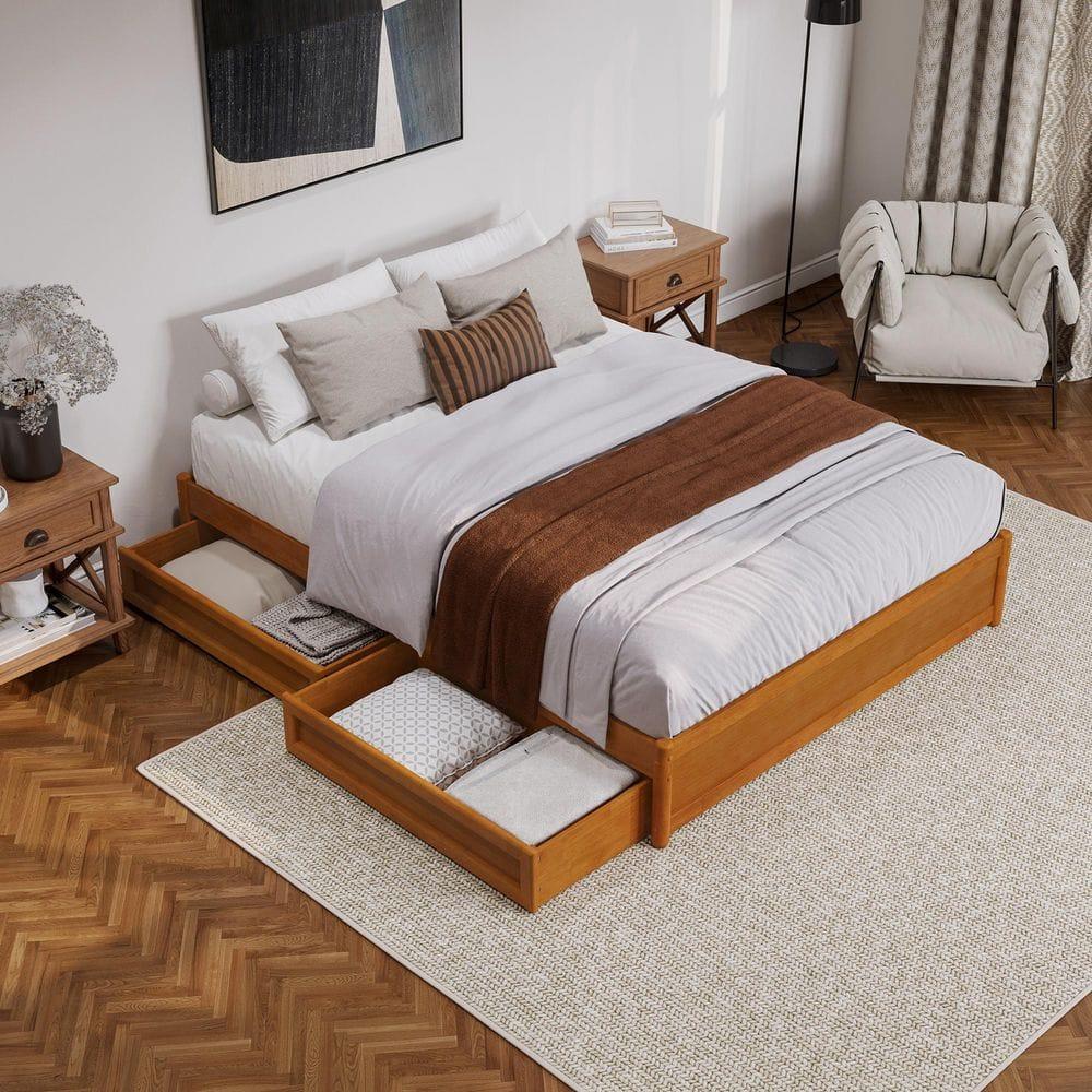 Barcelona Queen Wood Panel Platform Bed with Storage Drawers in Light Toffee