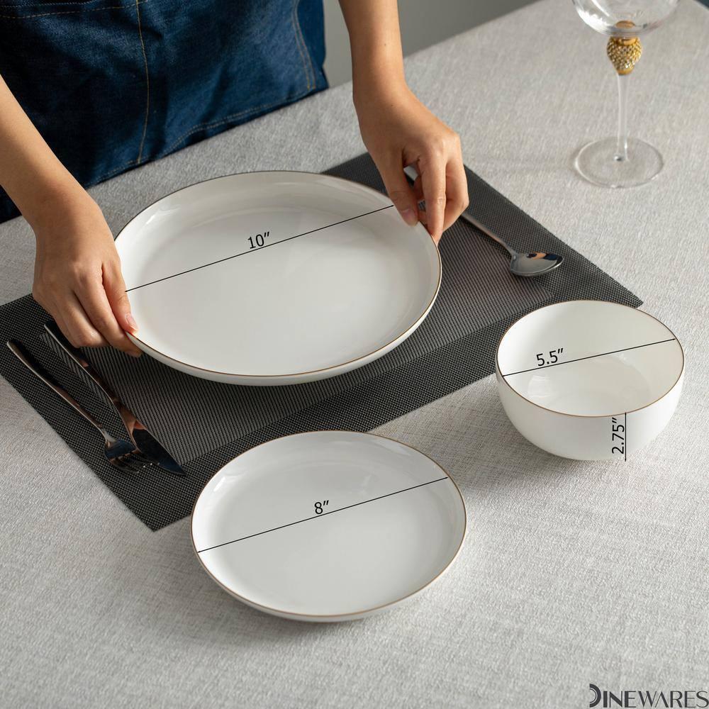 Dinewares White with Gold Rim Bone China Dinnerware Set - Service for 8, Includes Dinner Plates, Salad Plates, and Cereal or Soup Bowls