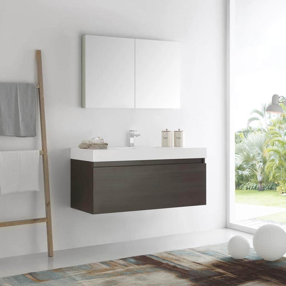 Gray Oak Wall Hung Vanity with Integrated Sink and Medicine Cabinet