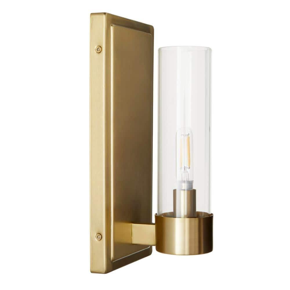Closmere 5 in. 1-Light Brushed Gold Mid-Century Modern Wall Sconce with Clear Glass Shade
