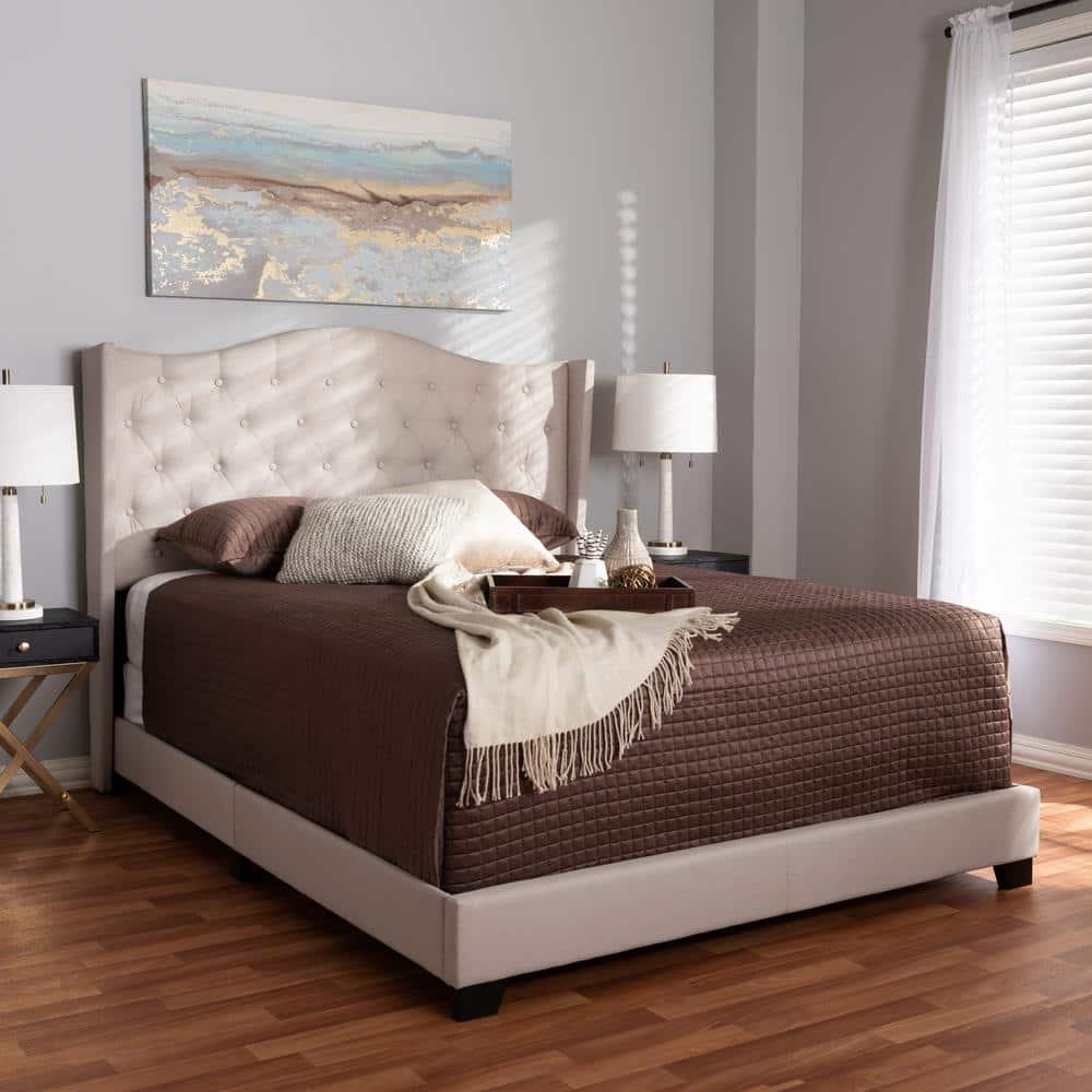 Baxton Studio Queen Alesha Bed Beige: Modern Contemporary Design, Engineered Wood Frame, Curved Winged Headboard