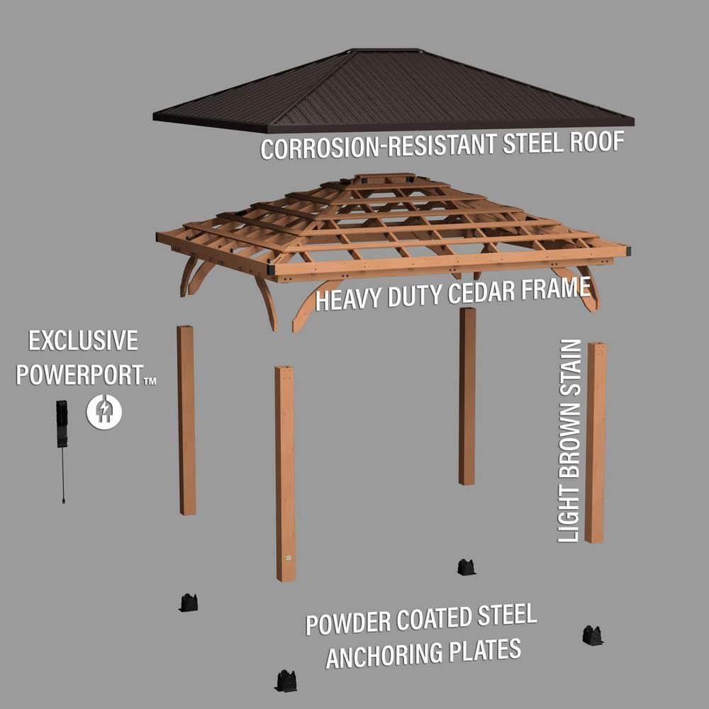 Backyard Discovery Barrington 14' x 12' Cedar Wood Gazebo, Galvanized Steel Roof, PowerPort