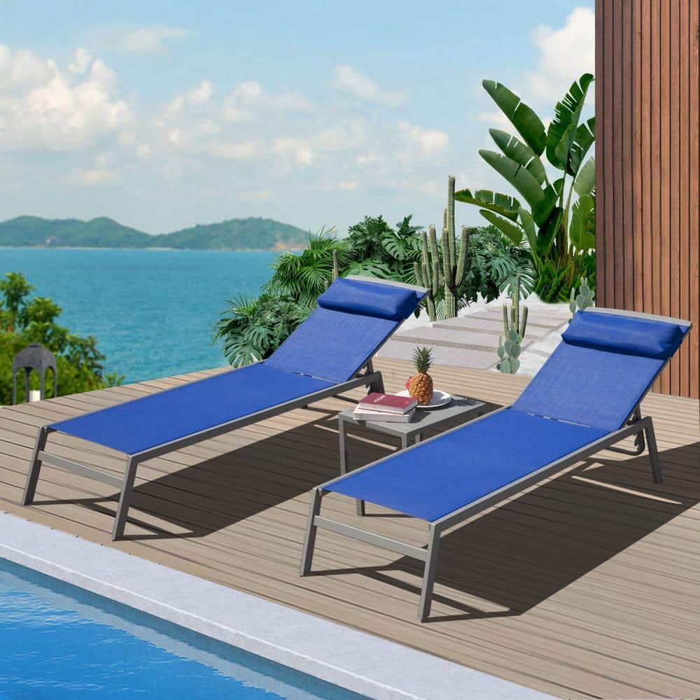 Domi Patio 3 Pieces Aluminum Textilene Chaise Lounge Set with Side Table Outdoor, Adjustable Back and Pillow for Yard Garden Sunbathing for All Seasons Blue