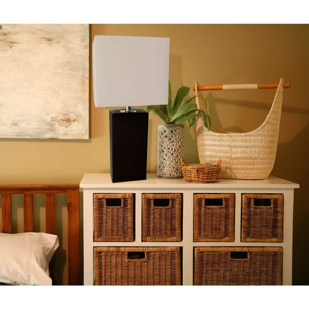 Leather Table Lamp with Fabric Shade Black - Elegant Designs: Modern Rectangle Shade, UL Listed, E26 Socket