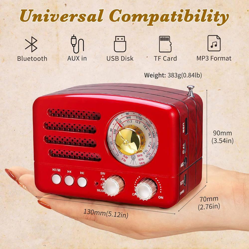Retro Portable AM/FM Vintage Radio with Bluetooth, Transistor Radio Receiver, Rechargeable Battery, Support TF Card, AUX, USB, MP3 Player for Elder (Red)