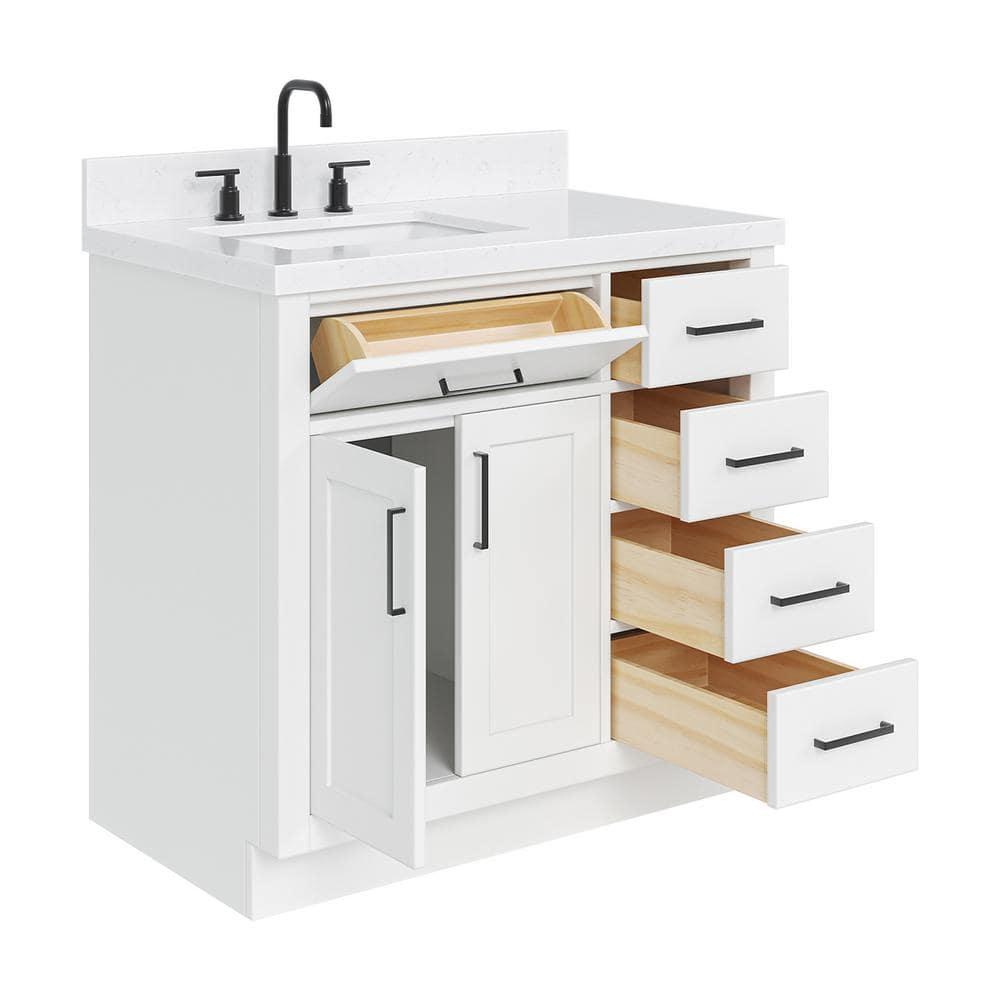 Wildon Home® Tidworth 36'' Solid Wood Single Bathroom Vanity with 1.5'' Carrara Quartz Top, Right Offset Rectangular Sink