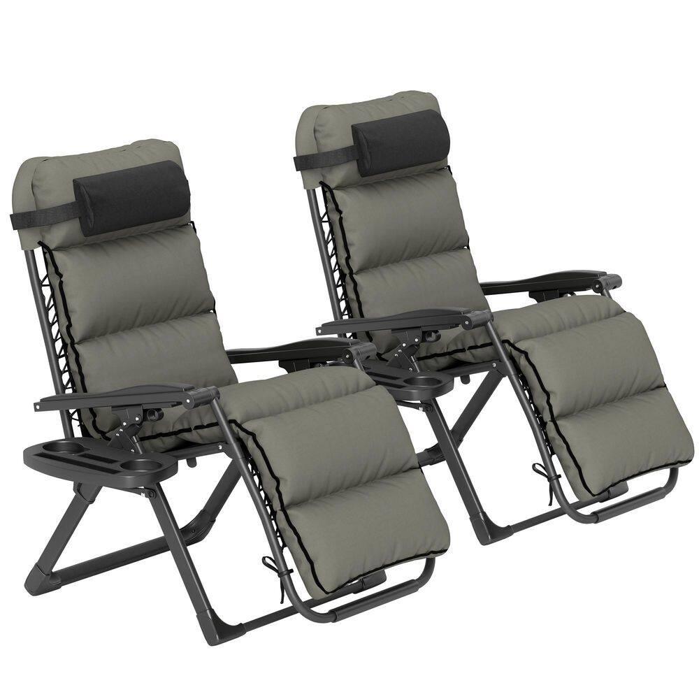 Outsunny Zero Gravity Lounge Chair Set of 2 Reclining Folding Outdoor Lounge Chairs with Cushion, Headrest, and Side Tray for Patio, Beach, Gray