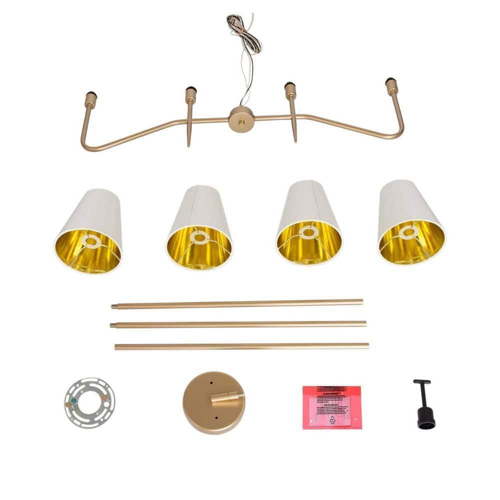 Brightever 4-Light Gold Linear Chandelier, Kicthen Island Light Fixture for Dining Room Over Table, Modern Pendant Lighting with White Fabric Shades for Pool Table, E12 Base (Bulb not Included)