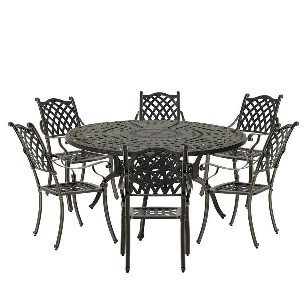 PATIO-IN Outdoor Dining Set, 7-Piece Cast Aluminum Patio Table and Chairs Set, Black