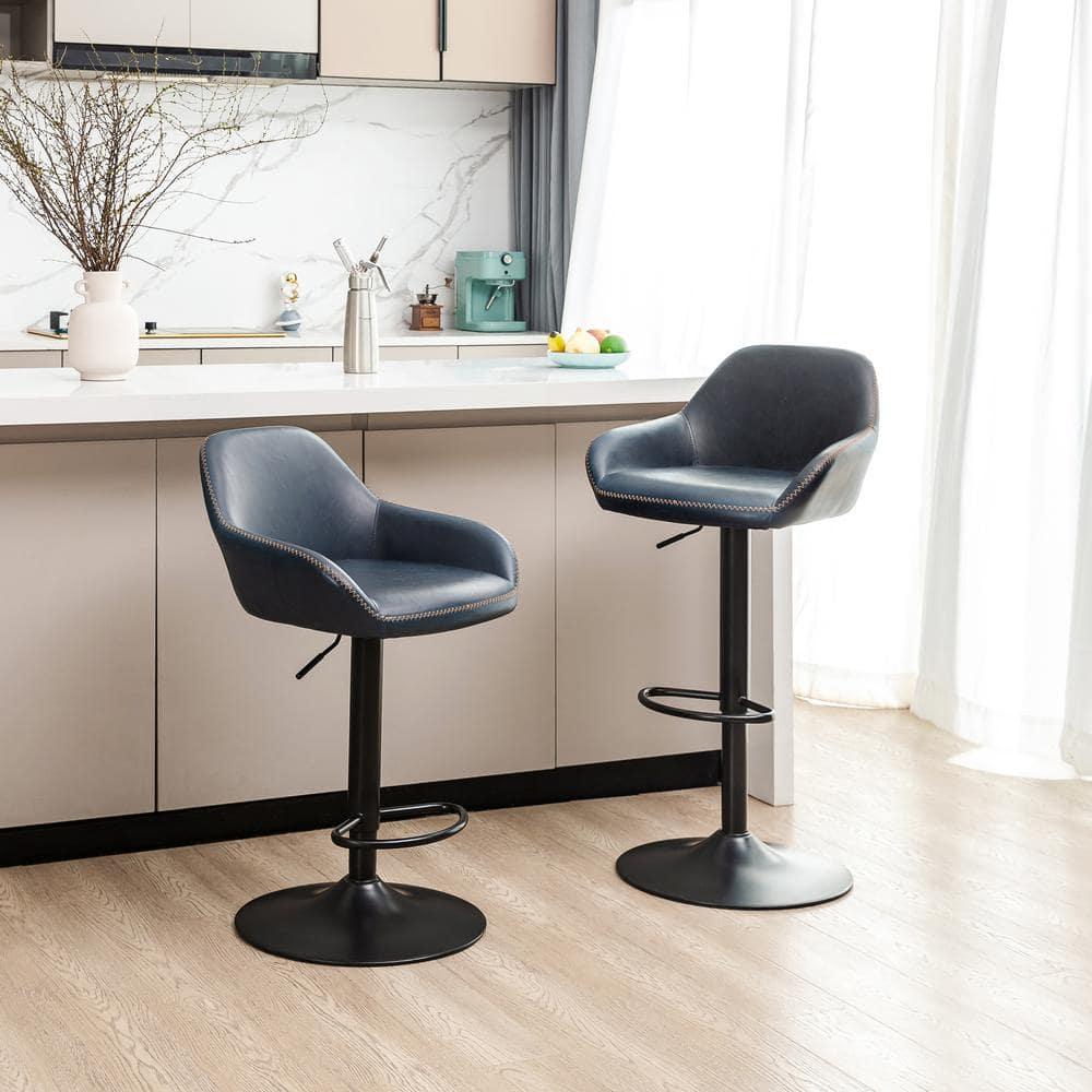 Glitzhome  42"H Mid-Century Adjustable Faux Leather Swivel Bar Stools Low Back Navy Blue Set of 2 Foam, Steel Faux Leather, Foam Footrest, Padded