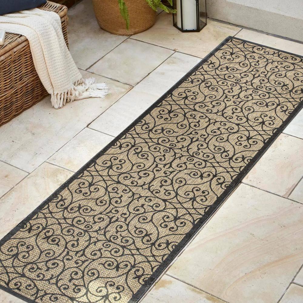 2'x8' Madrid Vintage Filigree Textured Weave Indoor/Outdoor Runner Rug, Black - JONATHAN Y